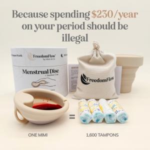 Reusable menstrual disc called Mimi by Mimi & Co shown beside tampons, storage pouch, and steriliser cup. Text reads “Because spending $230/year on your period should be illegal.”