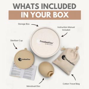 Flat lay of the Mimi™ menstrual disc kit showing included items: a round storage box, silicone steriliser cup, menstrual disc, cotton travel bag, and instruction manual.