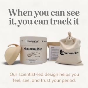 FreedomFlow menstrual disc kit with caption “When you can see it, you can track it.” Includes menstrual disc, storage box, steriliser cup, travel pouch, and instructions.
