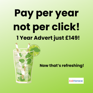 A new digital directory for schools and educators, AskHorace Illustration of a lime drink with the slogan “Pay per year, not per click” promoting AskHorace.com’s £149 annual advert offer.
