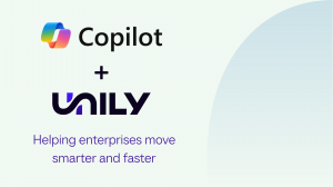 Copilot + Unily logos on a pale green background with text that reads Helping teams move smarter and faster