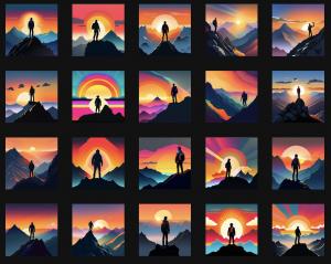 AI-generated sunset landscape scenes with consistent emotional tone created using Freeform Diffusion from user-uploaded art references — no text prompts used.