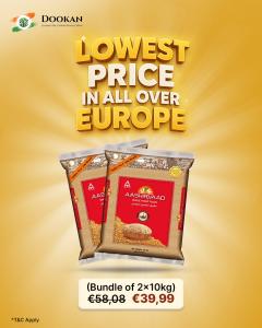 Promotional image showing Dookan's Aashirvaad Whole Wheat Atta 2×10kg bundle at a discounted price of €39.99, labeled as the lowest in all over Europe.