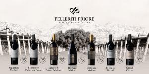 Image of the full Pelleriti Priore portfolio, featuring seven wines including Malbec, Cabernet Franc, and blends — all rated between 95 and 97 points.
