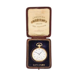 Longines 18k yellow gold Grand Prix pocket watch from around the 1910s, offered in its original fitted, leather presentation case, marked “18K EF Co. Longines.” Estimate: CA$2,000-$3,000.