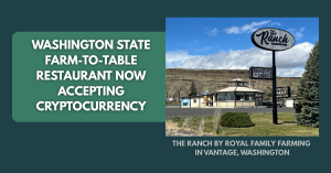 The Ranch, a restaurant in Central Washington now accepts crypto as a form of payment for its locally sourced meals In image of a hexagonal building set against a hill in Washington State. In the foreground, a sign that reads "The Ranch" with "Burgers and Shakes" and "Farm Fresh Market" also posted. On a green background in white font, the words "Washington State Farm-