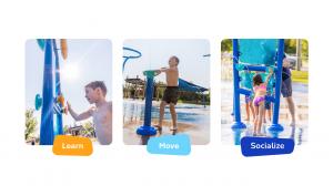 Vortex VECTORY logo with the three images with taglines "Learn, Move, Socialize." The image shows children playing on the equipment designed to inspire coordination, collaboration, and confidence.