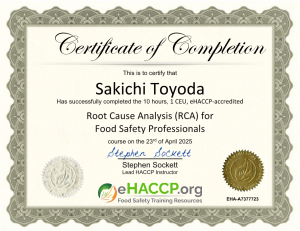 Root Cause Analysis Certificate HACCP