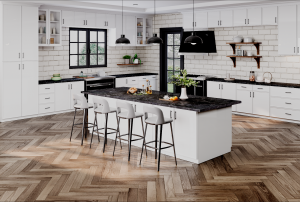 Modern shaker-style kitchen with black countertops and minimalist pendant lighting, featuring white RTA cabinets from RaraRTAcabinets.