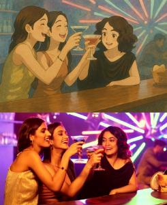 Before and after photo of 3 girlfriends having drinks. Before is a photo. After is anime.