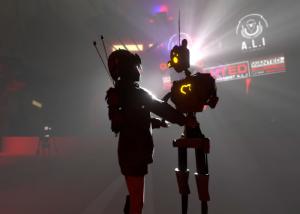 A silhouetted figure of Gh0st holds hands with the glowing robot Atom, illuminated by a harsh spotlight as warning signs flash in the background. The setting evokes a tense moment in the virtual reality theatre experience Uncanny Alley: A New Day.