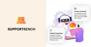 Illustration of Supportbench logo with chatbot integrations and knowledge automation tools celebrating user milestone.