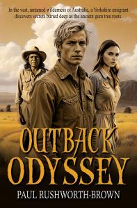 Cover of the novel Outback Odyssey by Paul Rushworth-Brown, featuring three characters standing against a golden Australian outback landscape.