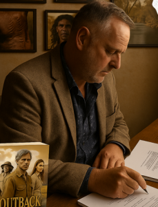Author Paul Rushworth-Brown seated at a writing desk, with books and maps, overlooking the Australian outback through a window.