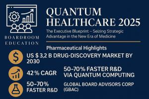 Infographic cover with Boardroom Education logo on navy background; title “Quantum Healthcare 2025,” and highlights of a $3.2 B drug-discovery market, 42 percent CAGR, and 50–70 percent reduction in R&D timelines via quantum computing