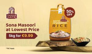 India Gate Sona Masoori Rice 5kg pack on display with 50% off label, promotional offer at €9.99, featured by Dookan for European customers.