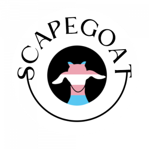 Logo with title "Scapegoat" with a trans flag coloured goat on a black background