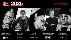 Black-and-white collage titled ‘Meet the Judges’ for the 2025 Real Leather. Stay Different. International Student Design Competition. Features five judges: Adrien Roberts, a fashion education consultant with white hair and beard styled in braids, wearing 