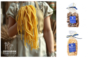 Woman holding pasta as a flower bouquet with Poseidon Emporium logo and next two samples of pasta
