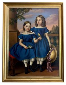 A framed historic portrait of the Burkitt sisters from Salem, Massachusetts shows two young girls in matching blue dresses on a terrace, one with a bouquet and the other with a yellow bird and a pink-ribboned hat; lush scenery