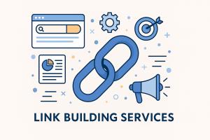 Vector graphic showing interlocking chain links surrounded by SEO icons like a search bar, gear, target, chart, and megaphone, symbolizing link building strategies.