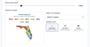 Screenshot of the Wyman Legal Solutions Renovation Budget Planner showing the region selection and quality level options for estimating costs.