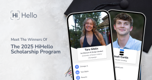 HiHello 2025 Scholarship Program winners Tara Giblin and Josh Curtis with digital profiles displayed on smartphones