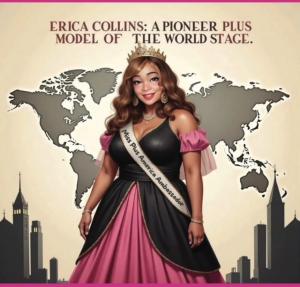Illustrated cover image of Erica Collins: A Pioneer Plus Model of the World Stage, showing Erica Collins wearing a crown, “Miss Plus America Ambassador” sash, and a black-and-pink gown, standing confidently in front of a world map background, representing