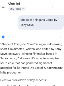 A screen shot of a Google Gemini search query 'Shape of Things to Come by Tony Savo'
