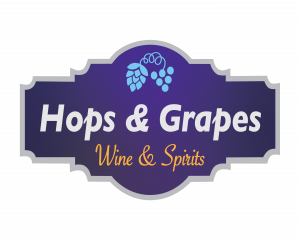 Hops and Grapes logo featuring stylized hops and grapevine elements representing wine and craft beer specialties.