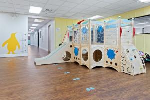 Indoor therapy playroom at Bierman Autism Centers featuring a wooden climbing structure with a slide, balance wall, and blue penguin footprints on a clean, wood-style floor.