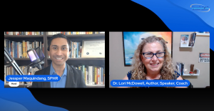 Split-screen image of Jessper Maquindang, SPHR, and Dr. Lori McDowell during a LinkedIn Live interview. Jessper is in front of a bookshelf with a mic setup, while Dr. McDowell is smiling in a colorful office setting with books and decor in the background.