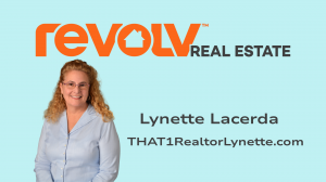 realtor headshot, blonde woman wth reolv real estate on light blue background