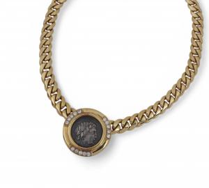 Bvlgari diamond, silver Roman coin and 18K gold Monete necklace, circa 1980. Estimate: $15,000-$20,000