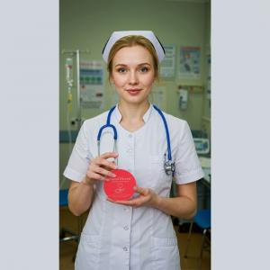 A nurse in a white uniform with a stethoscope around her neck holds a jar of Hand Haven Skin Recovery Balm in a medical setting. The jar’s red lid features the Hand Haven logo and text, promoting its all-natural formula for frequent handwashers. The backg