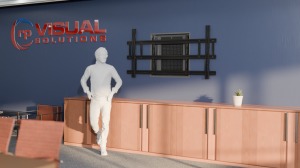 Rendered image of boardroom with RP visuals universal 158 mounting system shown for scale.