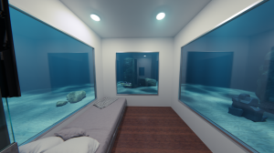Image showing the inside view of the underwater tiny house - 3 sides, each with a large 5 foot by 5 foot window, showing the ocean outside, but a dry interior.