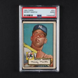1952 Topps #311 Mickey Mantle “holy grail” baseball card, graded 2 Good from PSA for its excellent surface and strong edges, a must-have for collectors. Estimate: CA$40,000-$50,000.