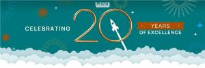 Illustration showing Elevate Technology’s 20-year anniversary celebration. A rocket rises through the “0” in “20” above clouds, with fireworks and a starry teal background. The text reads: “Celebrating 20 Years of Excellence.”