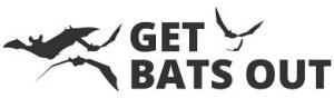Logo for get bats out. bats flying around the words 'get bats out' black colored logo and bats on a white background