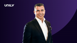 Headshot of Unily's New CEO on purple background