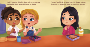 Illustration of Macie and her friend Mia sitting together, discussing how some children can’t get fresh fruit like they can—an emotional moment that inspires them to take action in Macie and the Magic Berries.