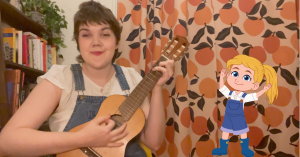 Animated image of Macie joyfully singing the I Love My Berries song, surrounded by colorful berries, from the music video inspired by the book Macie and the Magic Berries.