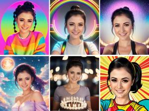 AI-generated visuals of a consistent face in playful, dreamy, and celebratory casual styles.