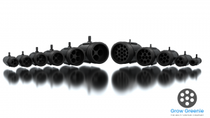 Lineup of Grow Greenie multi-venturi injectors in various sizes, showcasing patented fluid mixing and gas injection technology for aeration, ozone delivery, and water treatment applications.