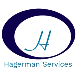 This is the logo for Hagerman Services. It features a dark navy blue oval shape with a white interior. Inside the oval, there's a stylized