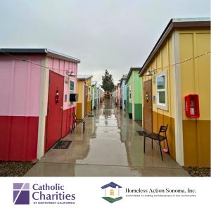 Exterior view of Home & Safe Village in Sonoma Valley, showing several small, neatly arranged shelter units.