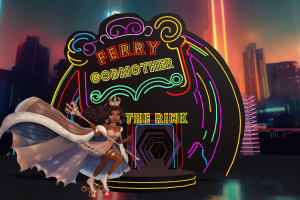 When retired Women’s Army Corps veteran Ramona Torres first stepped into a virtual world, it wasn’t just an escape from the noise and weight of PTSD—it was a way to return to herself Ferry Godmother in flowing royal cape, staff, crown and gold skates, ready to skate standing in front of a bright and vibrant neon color entrance of the roller rink