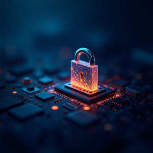Hi tech blue and orange lights glowing with cyber security symbolism of a padlock glowing over PC Motherboard chips