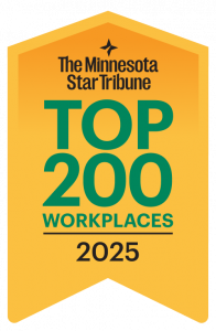 Minnesota Hospice recognized by the Star Tribune as a 2025 Top 200 Workplace, featured on a gold badge with green and black text.